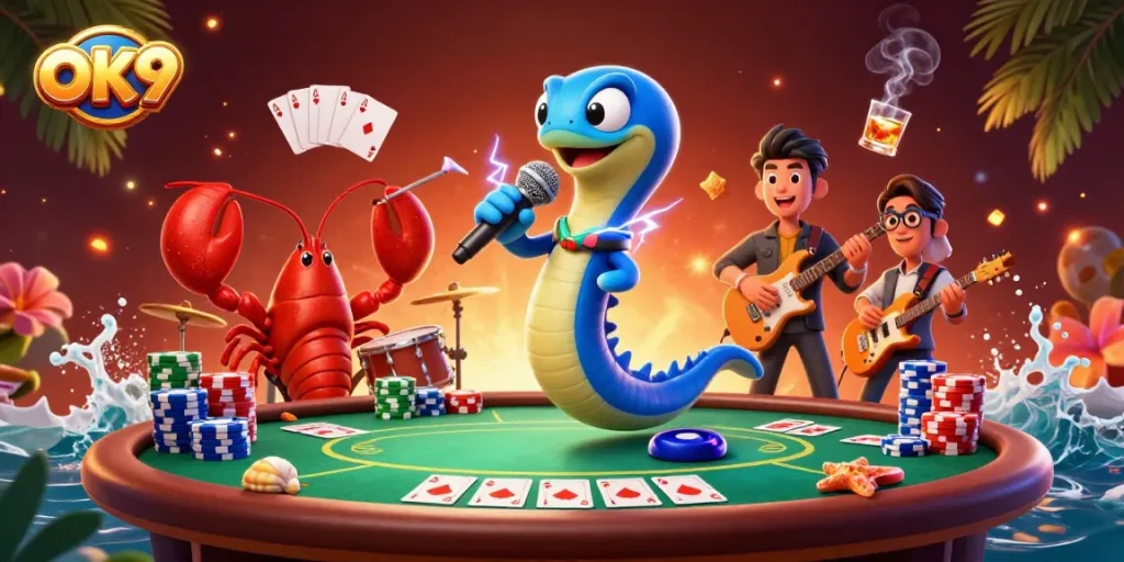 Experience thrilling casino action with OK9's dynamic underwater scene featuring electric eel DJ and poker elements.