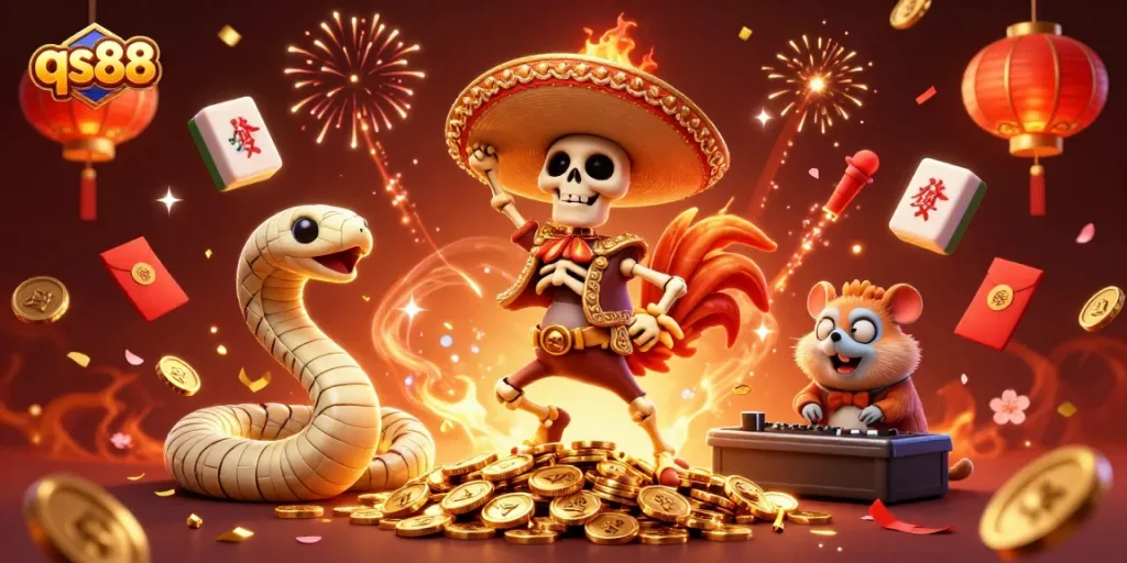 Engage with qs88 through a vibrant 3D illustration showcasing a festive casino scene filled with luck and excitement.