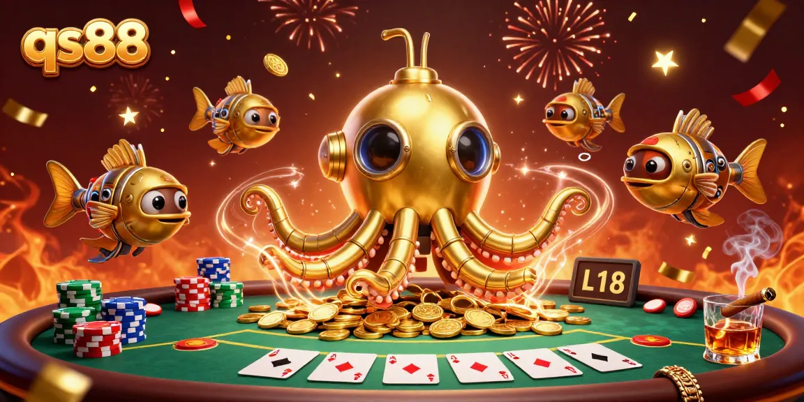 Experience thrilling poker action with qs88 amidst shining coins and festive confetti.