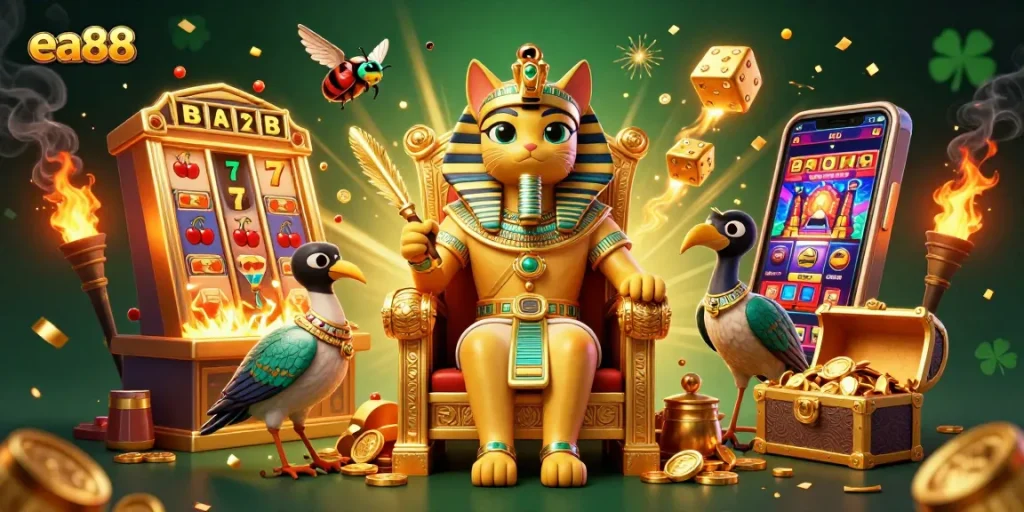 Experience thrilling gameplay with EA88's vibrant casino scene featuring 3D characters and game elements.