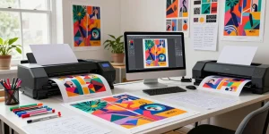 Custom poster printing scene showcasing vibrant designs and a creative environment