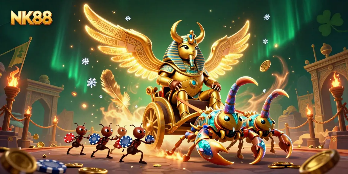 Engage with thrilling adventures at NK88, featuring a colossal golden scarab in a dynamic casino battle scene.