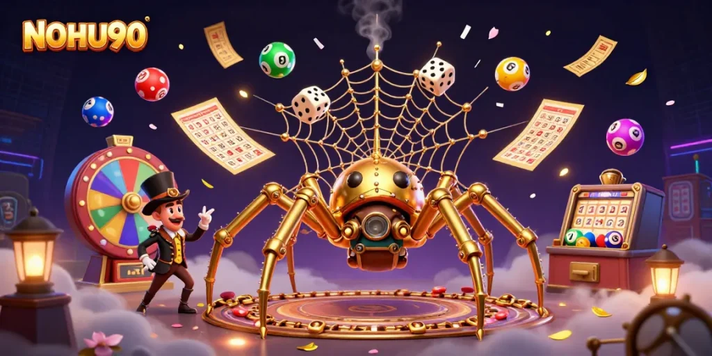 Experience NOHU90's vibrant gambling scene with a steampunk golden spider and playful lottery balls.