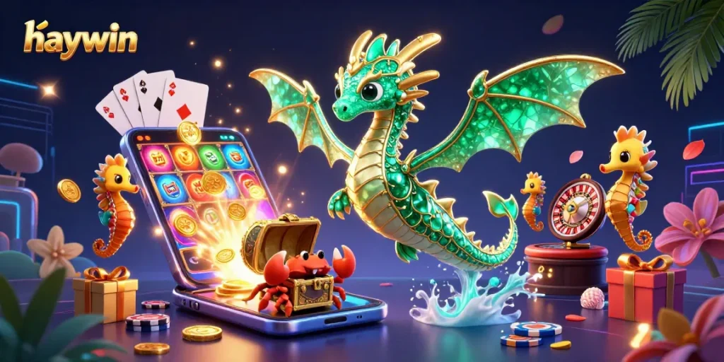 Experience the magic of haywin with an extravagant 3D sea dragon scene in this vibrant casino illustration.