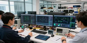 Engineers discussing optical fiber in networking solutions at a modern lab, showcasing high-tech equipment and collaboration.