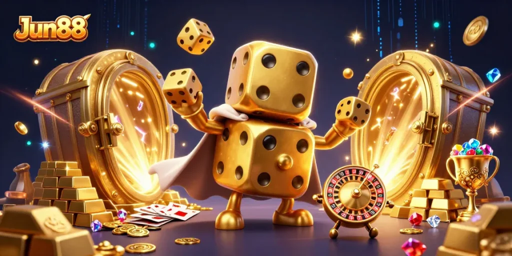 Experience winning thrills with Jun88's dynamic golden dice avatar in an enchanting casino scene.