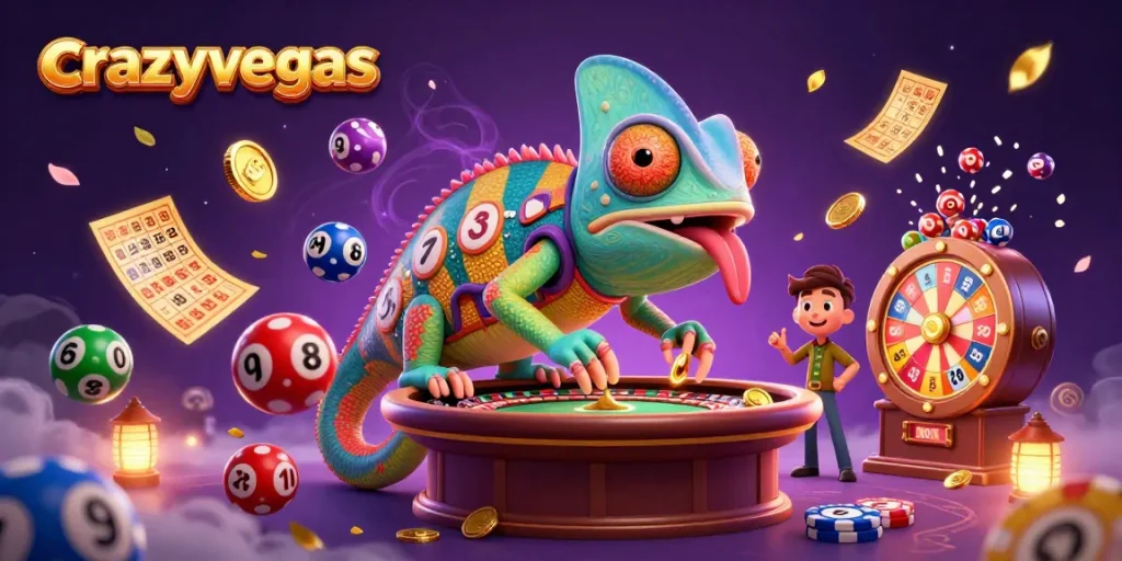 Experience the colorful high-stakes world of crazyvegas with a vibrant illustration of a chameleon casino owner amidst dynamic gaming elements.