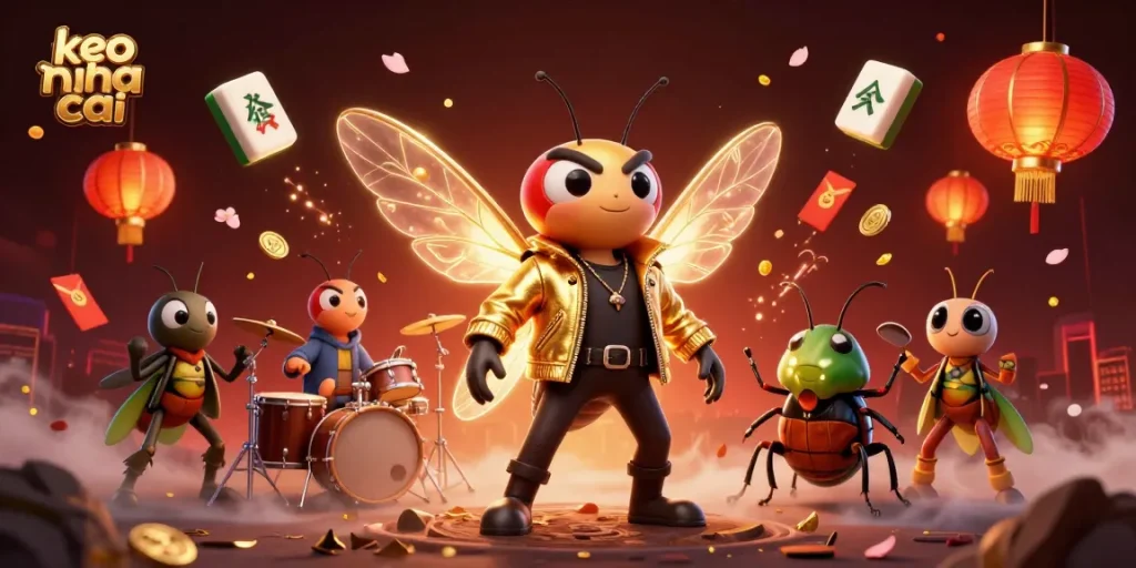 Experience keo nha cai with a dynamic scene featuring a rock star, beetle drummer, and crickets in a vibrant casino