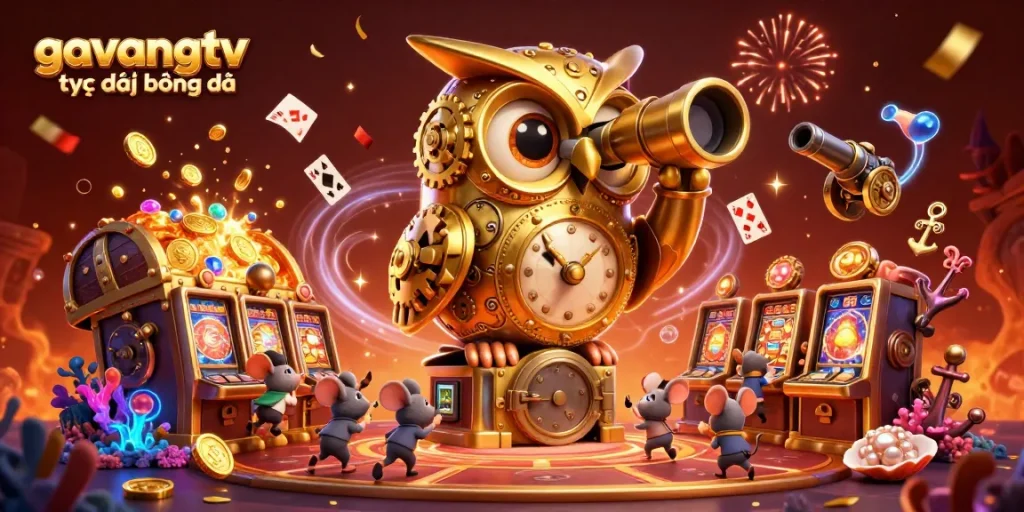Experience the thrill of gavangtv trực tiếp bóng đá with a vibrant casino scene showcasing gold coins and animated characters.