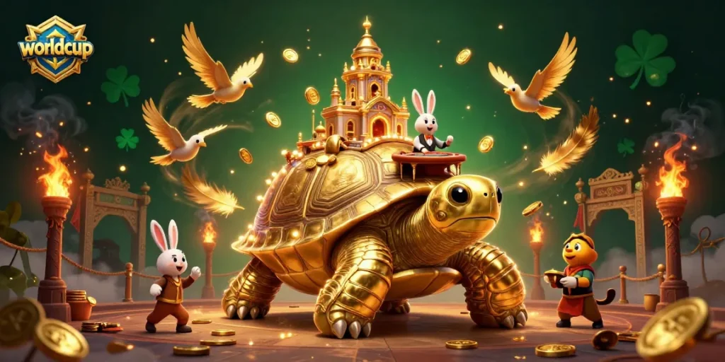 Experience the thrill of the worldcup with a vibrant casino scene featuring a golden tortoise and a rabbit dealer.