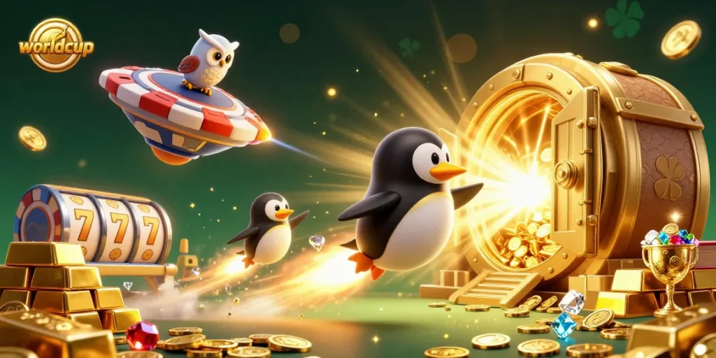 Win big with a worldcup inspired 3D casino scene featuring a golden penguin and treasure!