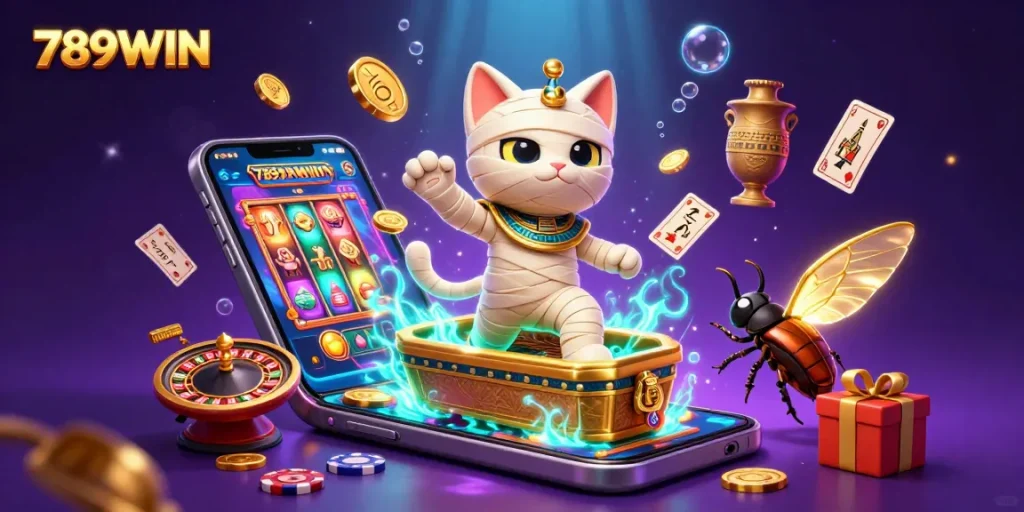 Play slots and win big at 789WIN with a vibrant casino illustration featuring a mummy cat and golden coins.