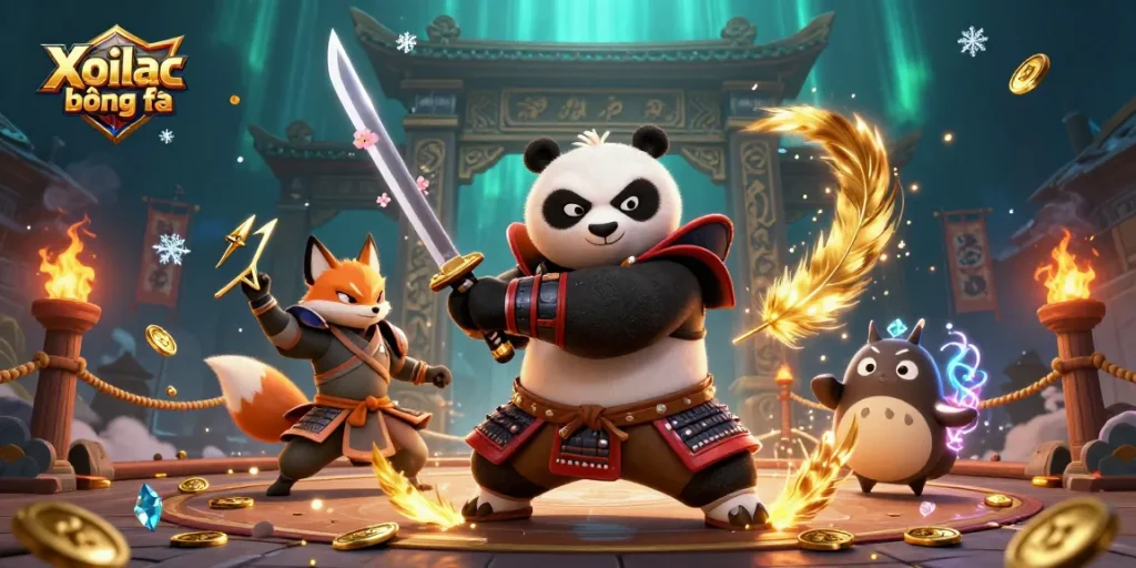 Xoilac bóng đá showcases a dynamic scene of a samurai panda and ninja fox battling, capturing the essence of online gaming.