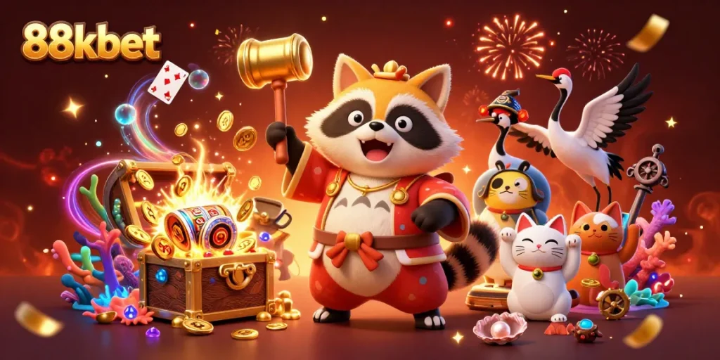 Experience thrilling gameplay with 88kbet's vibrant casino illustration featuring cheerful tanuki and lucky symbols.