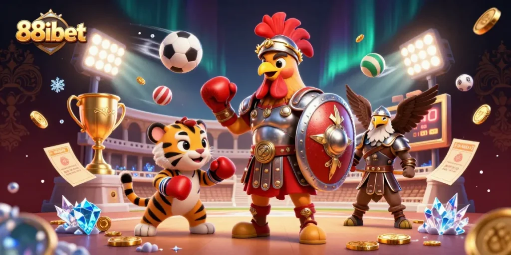 Engage in thrilling action at 88ibet with the gladiator rooster and dynamic sports elements in a vibrant setting.