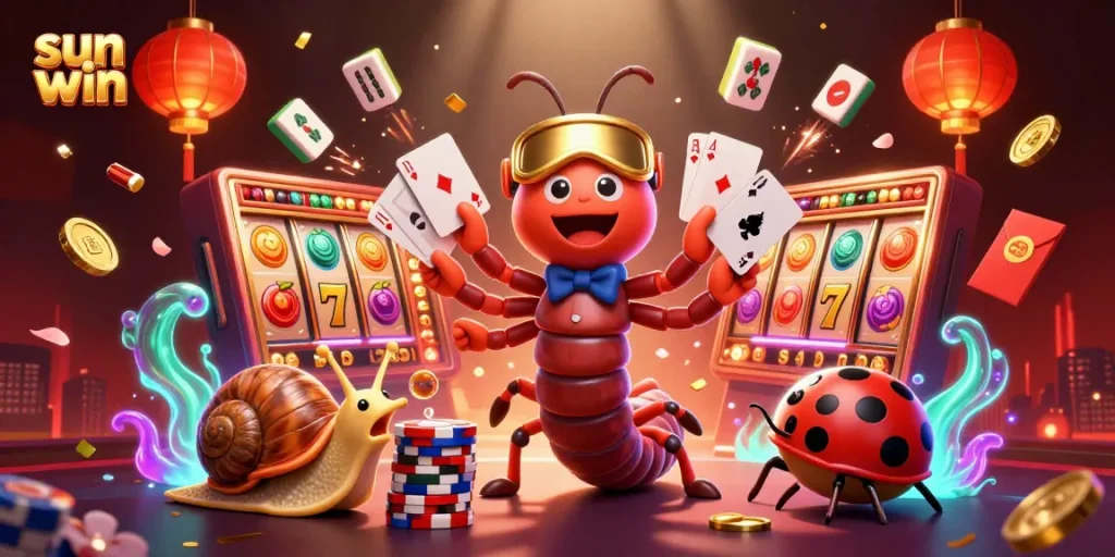 Experience the excitement of sun win with a lively casino scene featuring unique 3D characters and vibrant slot elements.